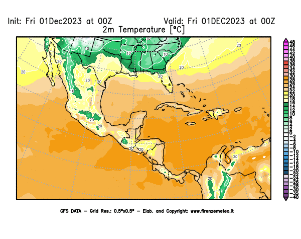 Mappa di analisi GFS - Temperatura a 2 metri dal suolo in Centro-America
							del 1 dicembre 2023 z00