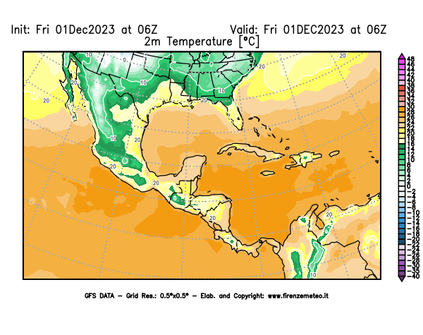 Mappa di analisi GFS - Temperatura a 2 metri dal suolo in Centro-America
							del 1 dicembre 2023 z06