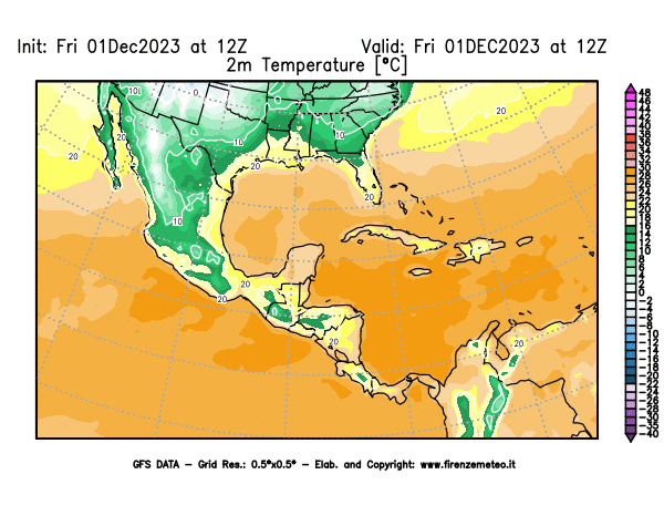 Mappa di analisi GFS - Temperatura a 2 metri dal suolo in Centro-America
							del 1 dicembre 2023 z12