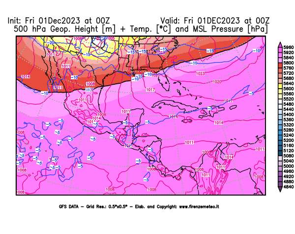 GFS analysi map - Geopotential + Temp. at 500 hPa + Sea Level Pressure in Central America
									on December 1, 2023 H00