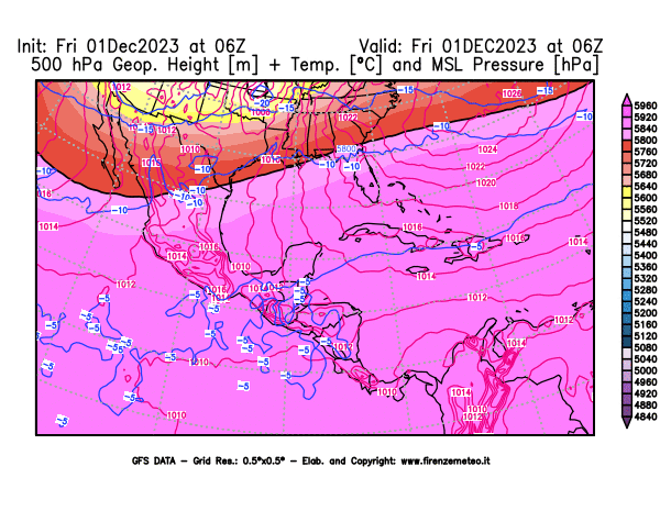 GFS analysi map - Geopotential + Temp. at 500 hPa + Sea Level Pressure in Central America
									on December 1, 2023 H06