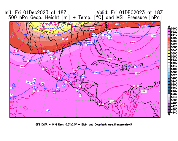 GFS analysi map - Geopotential + Temp. at 500 hPa + Sea Level Pressure in Central America
									on December 1, 2023 H18