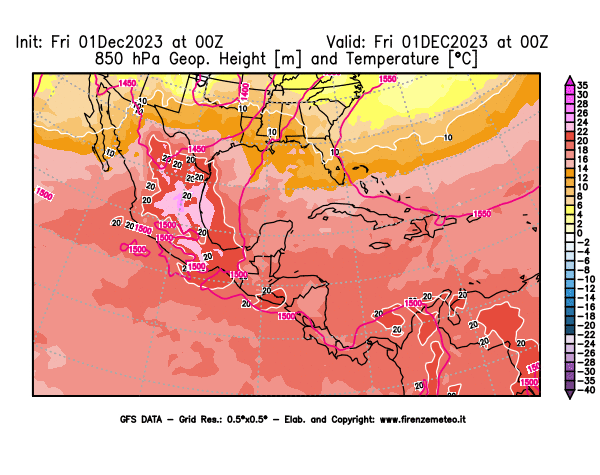 GFS analysi map - Geopotential and Temperature at 850 hPa in Central America
									on December 1, 2023 H00
