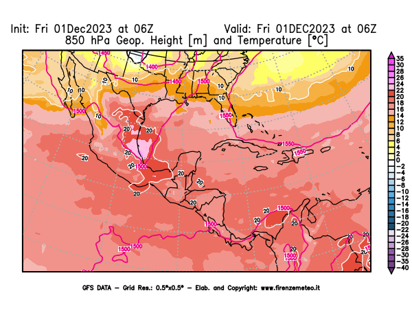 GFS analysi map - Geopotential and Temperature at 850 hPa in Central America
									on December 1, 2023 H06