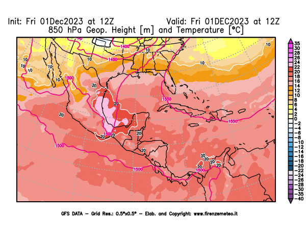 GFS analysi map - Geopotential and Temperature at 850 hPa in Central America
									on December 1, 2023 H12