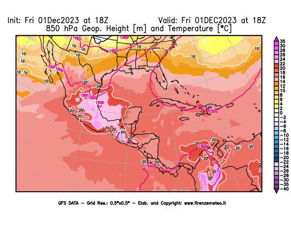 GFS analysi map - Geopotential and Temperature at 850 hPa in Central America
									on December 1, 2023 H18