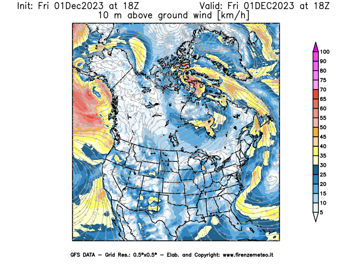 Mappa di analisi GFS - Velocità del vento a 10 metri dal suolo in Nord-America
							del 1 dicembre 2023 z18