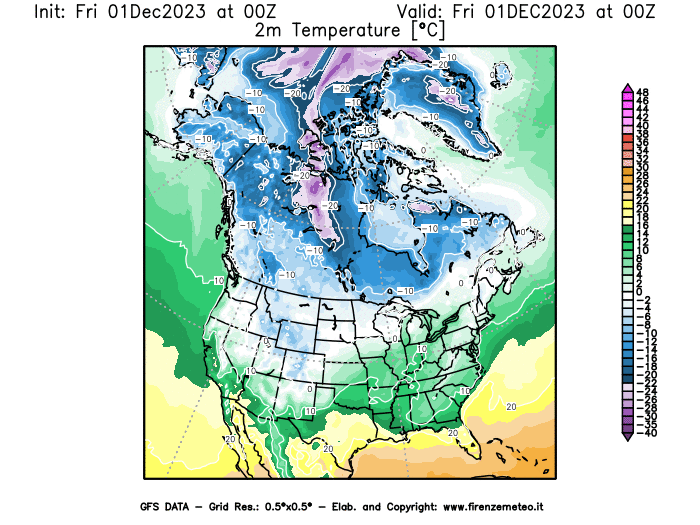 Mappa di analisi GFS - Temperatura a 2 metri dal suolo in Nord-America
							del 1 dicembre 2023 z00