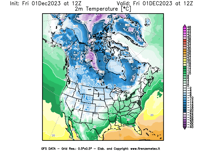 Mappa di analisi GFS - Temperatura a 2 metri dal suolo in Nord-America
							del 1 dicembre 2023 z12
