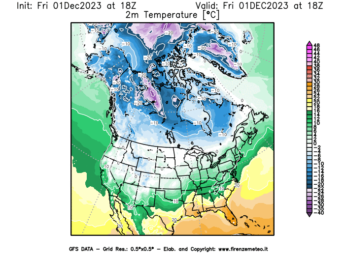 Mappa di analisi GFS - Temperatura a 2 metri dal suolo in Nord-America
							del 1 dicembre 2023 z18