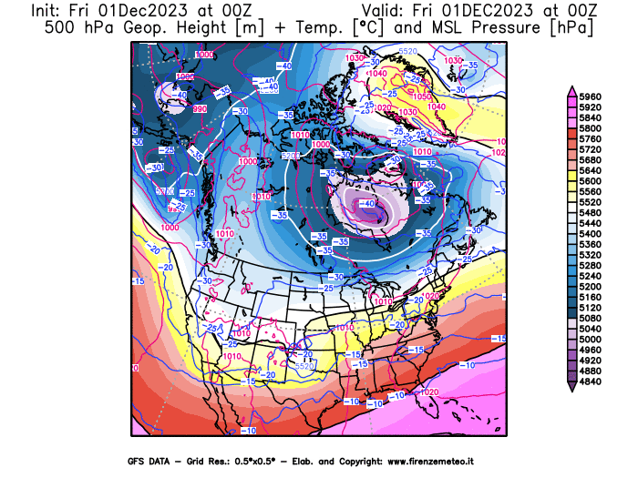 GFS analysi map - Geopotential + Temp. at 500 hPa + Sea Level Pressure in North America
									on December 1, 2023 H00