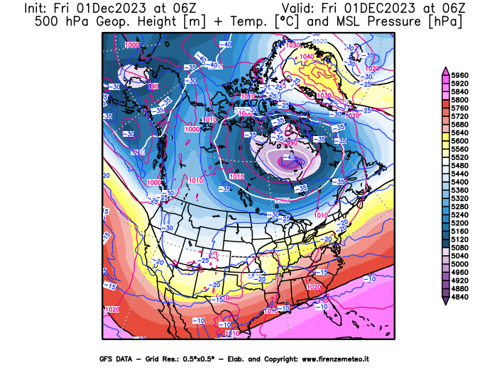 GFS analysi map - Geopotential + Temp. at 500 hPa + Sea Level Pressure in North America
									on December 1, 2023 H06
