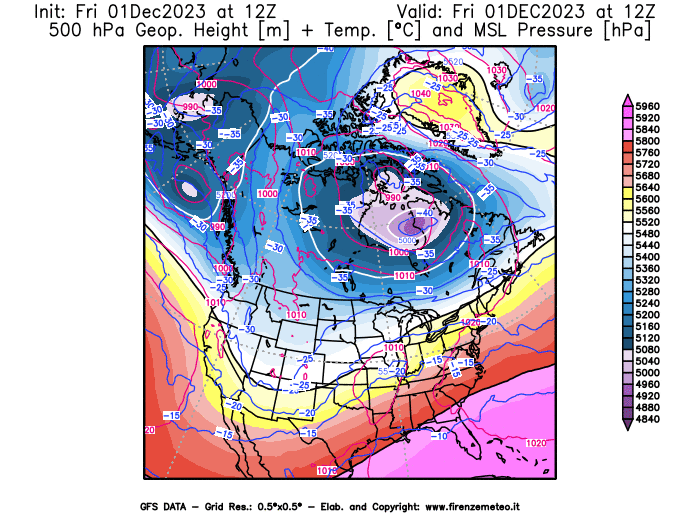 GFS analysi map - Geopotential + Temp. at 500 hPa + Sea Level Pressure in North America
									on December 1, 2023 H12