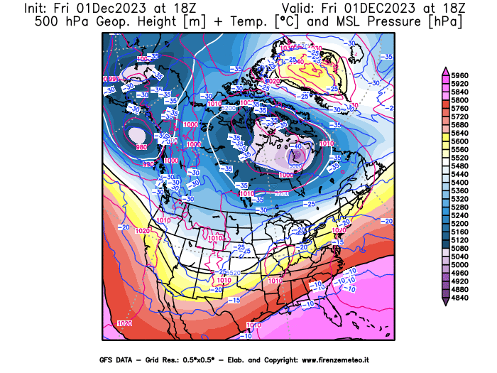 GFS analysi map - Geopotential + Temp. at 500 hPa + Sea Level Pressure in North America
									on December 1, 2023 H18