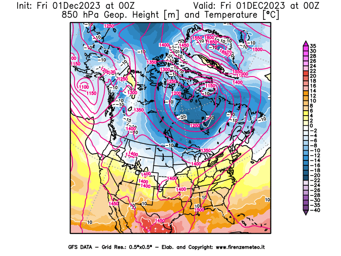 GFS analysi map - Geopotential and Temperature at 850 hPa in North America
									on December 1, 2023 H00