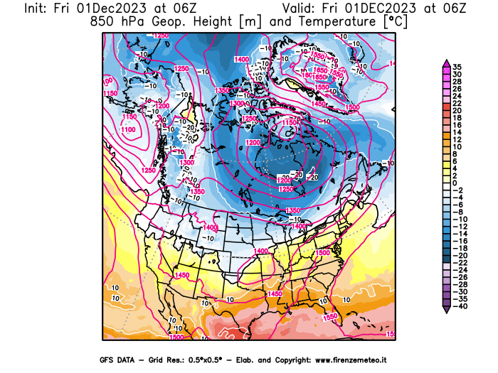 GFS analysi map - Geopotential and Temperature at 850 hPa in North America
									on December 1, 2023 H06