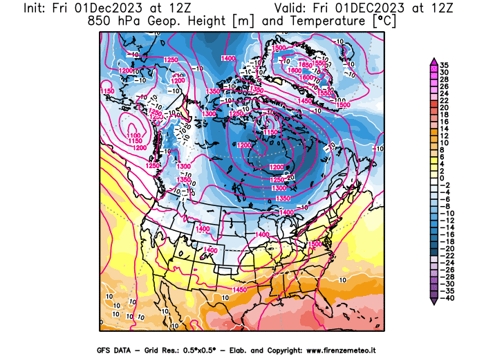 GFS analysi map - Geopotential and Temperature at 850 hPa in North America
									on December 1, 2023 H12