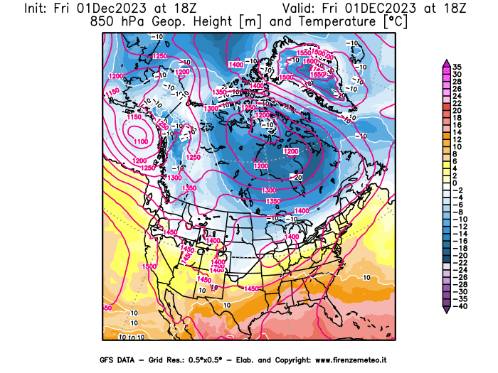 GFS analysi map - Geopotential and Temperature at 850 hPa in North America
									on December 1, 2023 H18