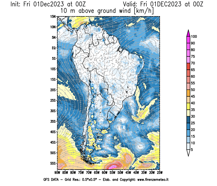 Mappa di analisi GFS - Velocità del vento a 10 metri dal suolo in Sud-America
							del 1 dicembre 2023 z00