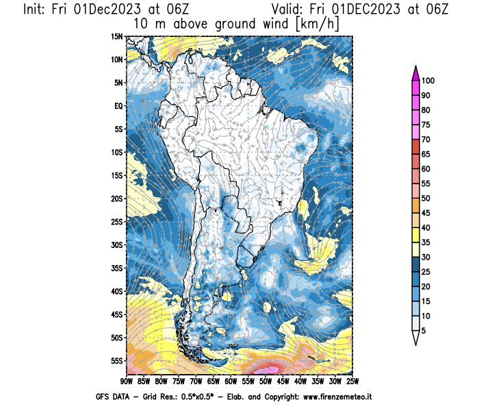 Mappa di analisi GFS - Velocità del vento a 10 metri dal suolo in Sud-America
							del 1 dicembre 2023 z06