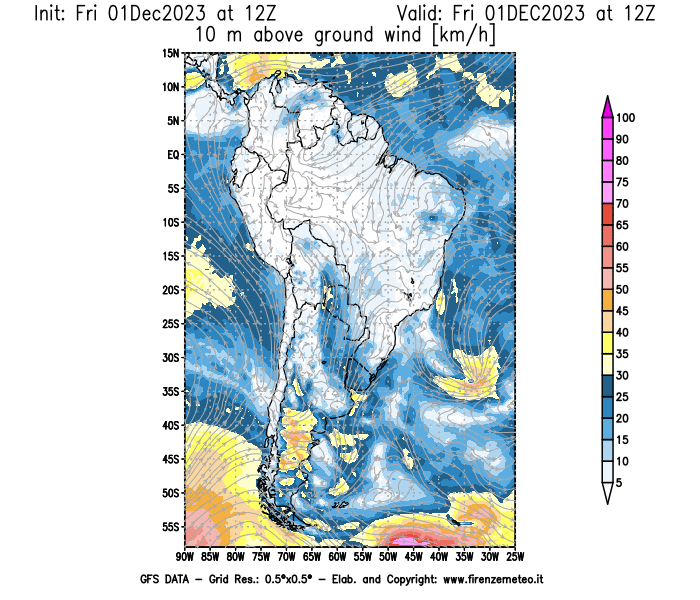 Mappa di analisi GFS - Velocità del vento a 10 metri dal suolo in Sud-America
							del 1 dicembre 2023 z12