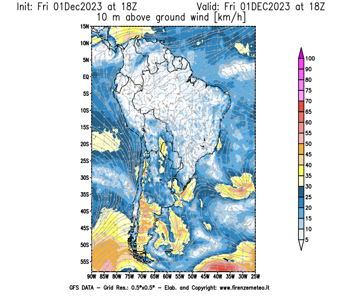 Mappa di analisi GFS - Velocità del vento a 10 metri dal suolo in Sud-America
							del 1 dicembre 2023 z18