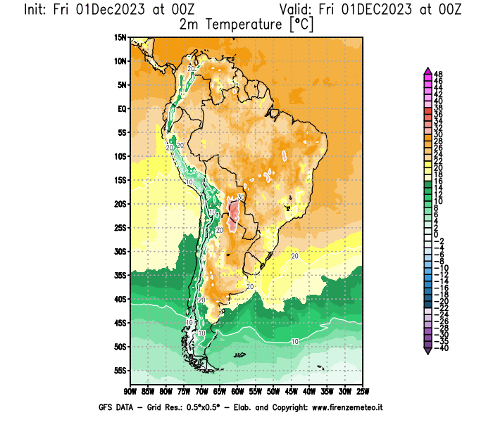 Mappa di analisi GFS - Temperatura a 2 metri dal suolo in Sud-America
							del 1 dicembre 2023 z00