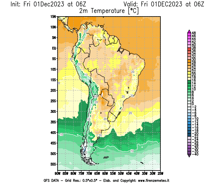 Mappa di analisi GFS - Temperatura a 2 metri dal suolo in Sud-America
							del 1 dicembre 2023 z06