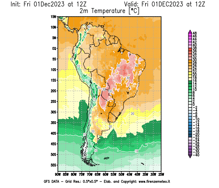 Mappa di analisi GFS - Temperatura a 2 metri dal suolo in Sud-America
							del 1 dicembre 2023 z12