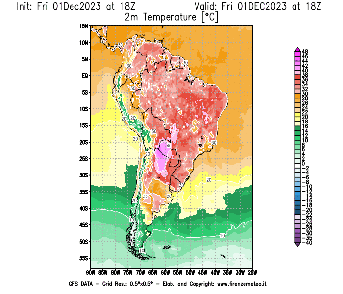 Mappa di analisi GFS - Temperatura a 2 metri dal suolo in Sud-America
							del 1 dicembre 2023 z18