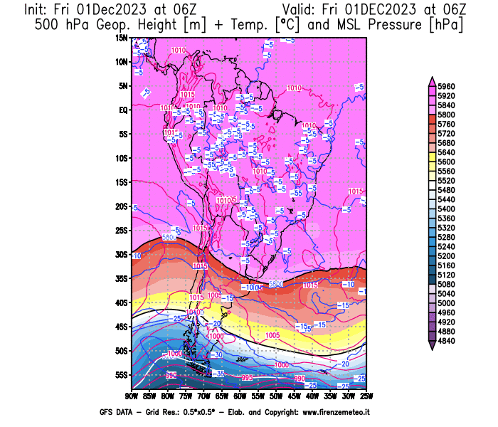 GFS analysi map - Geopotential + Temp. at 500 hPa + Sea Level Pressure in South America
									on December 1, 2023 H06