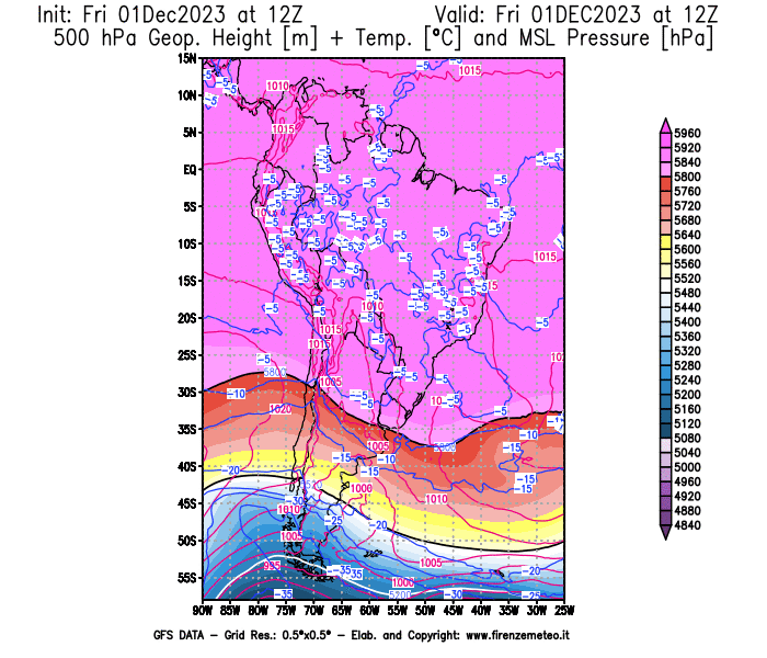 GFS analysi map - Geopotential + Temp. at 500 hPa + Sea Level Pressure in South America
									on December 1, 2023 H12