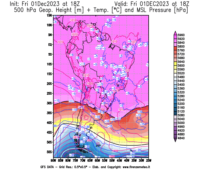 GFS analysi map - Geopotential + Temp. at 500 hPa + Sea Level Pressure in South America
									on December 1, 2023 H18