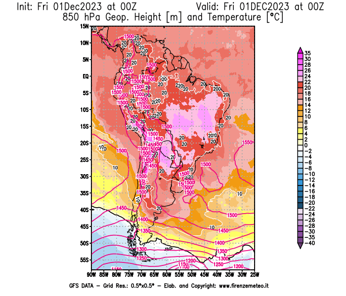 Mappa di analisi GFS - Geopotenziale e Temperatura a 850 hPa in Sud-America
							del 1 dicembre 2023 z00