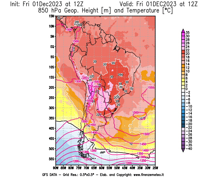 Mappa di analisi GFS - Geopotenziale e Temperatura a 850 hPa in Sud-America
							del 1 dicembre 2023 z12