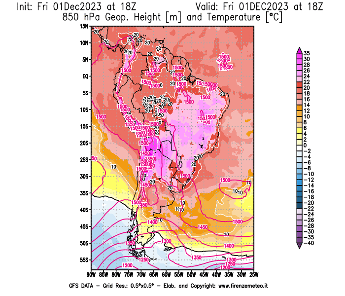 GFS analysi map - Geopotential and Temperature at 850 hPa in South America
									on December 1, 2023 H18
