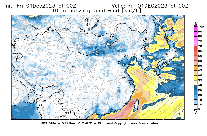 Mappa di analisi GFS - Velocità del vento a 10 metri dal suolo in Asia Orientale
							del 1 dicembre 2023 z00