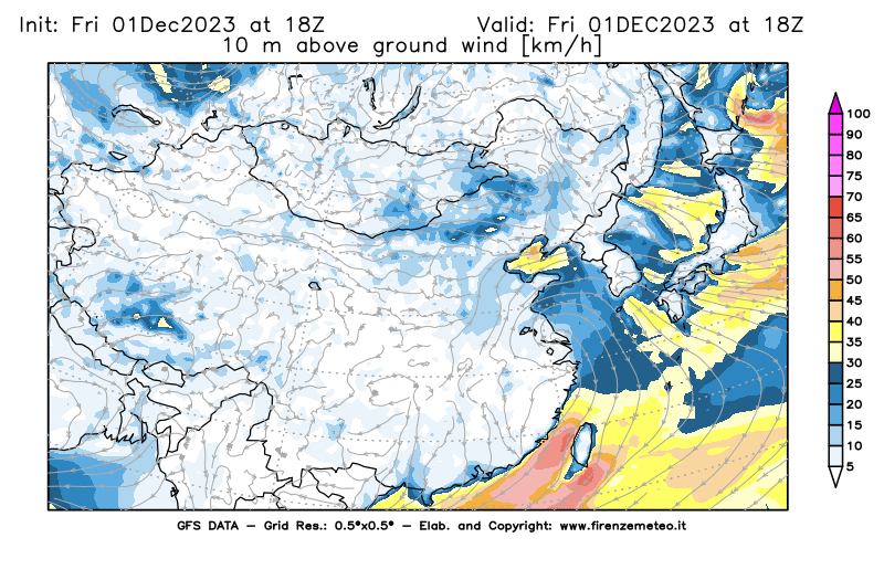 Mappa di analisi GFS - Velocità del vento a 10 metri dal suolo in Asia Orientale
							del 1 dicembre 2023 z18