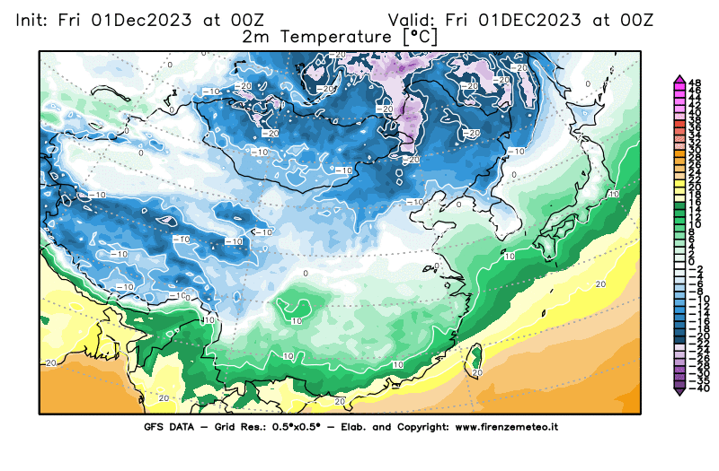 GFS analysi map - Temperature at 2 m above ground in East Asia
									on December 1, 2023 H00