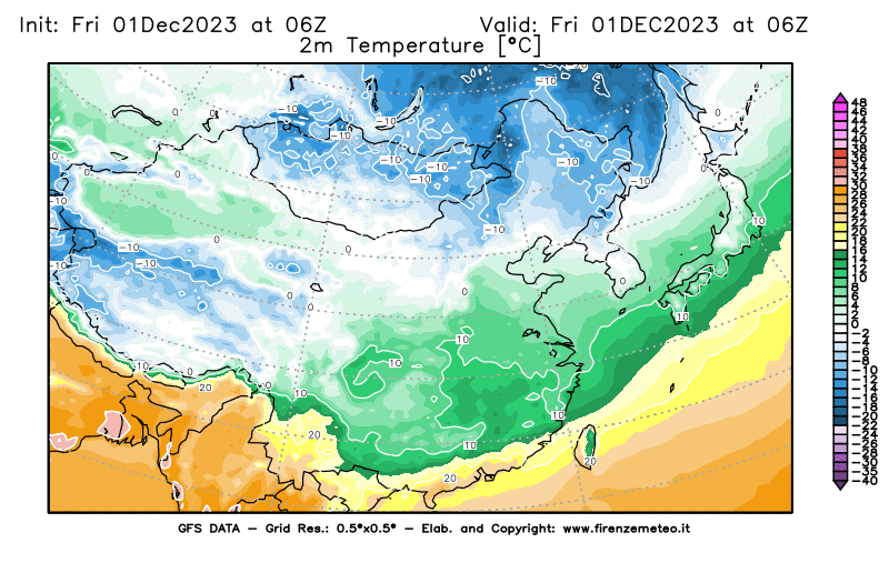 Mappa di analisi GFS - Temperatura a 2 metri dal suolo in Asia Orientale
							del 1 dicembre 2023 z06