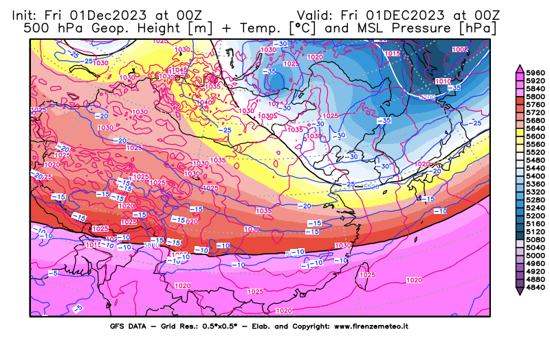 GFS analysi map - Geopotential + Temp. at 500 hPa + Sea Level Pressure in East Asia
									on December 1, 2023 H00