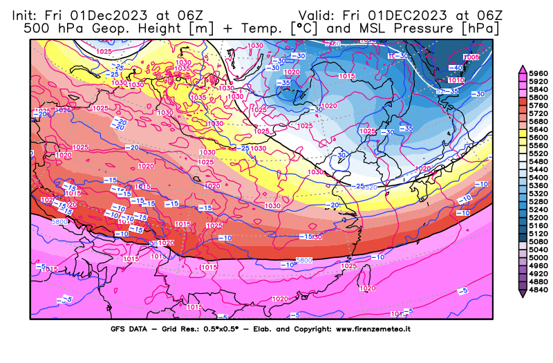 GFS analysi map - Geopotential + Temp. at 500 hPa + Sea Level Pressure in East Asia
									on December 1, 2023 H06