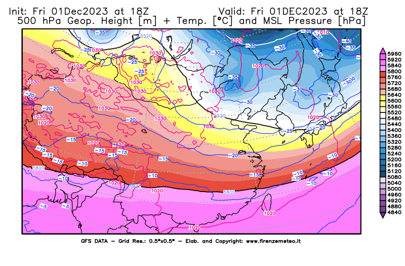GFS analysi map - Geopotential + Temp. at 500 hPa + Sea Level Pressure in East Asia
									on December 1, 2023 H18