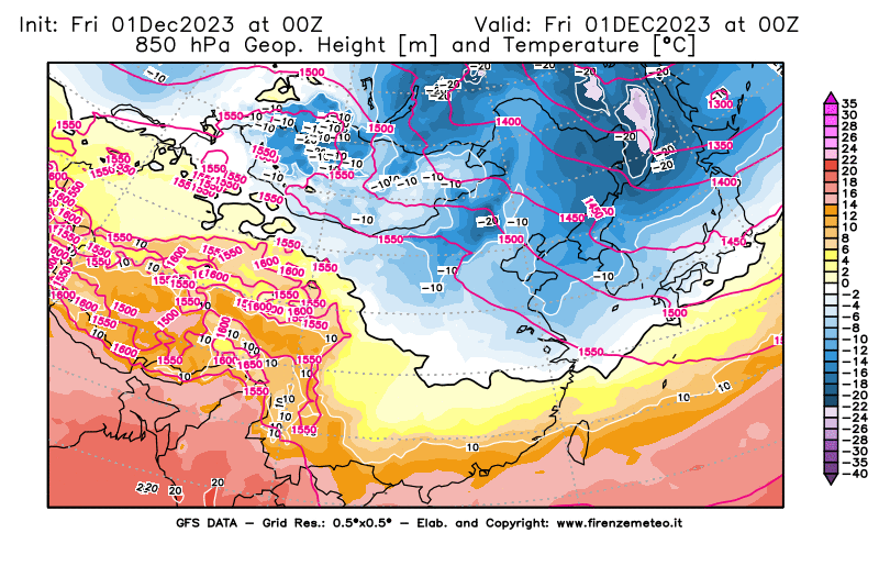 GFS analysi map - Geopotential and Temperature at 850 hPa in East Asia
									on December 1, 2023 H00
