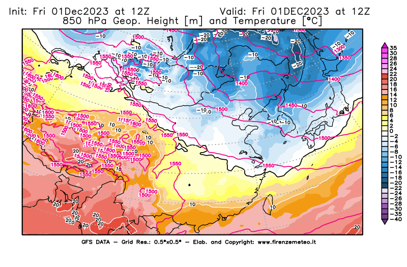 GFS analysi map - Geopotential and Temperature at 850 hPa in East Asia
									on December 1, 2023 H12