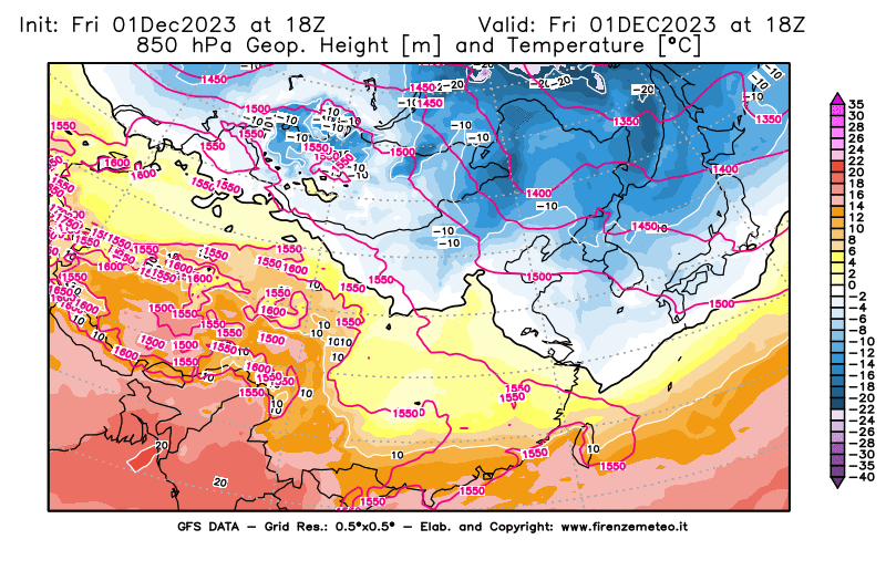 GFS analysi map - Geopotential and Temperature at 850 hPa in East Asia
									on December 1, 2023 H18
