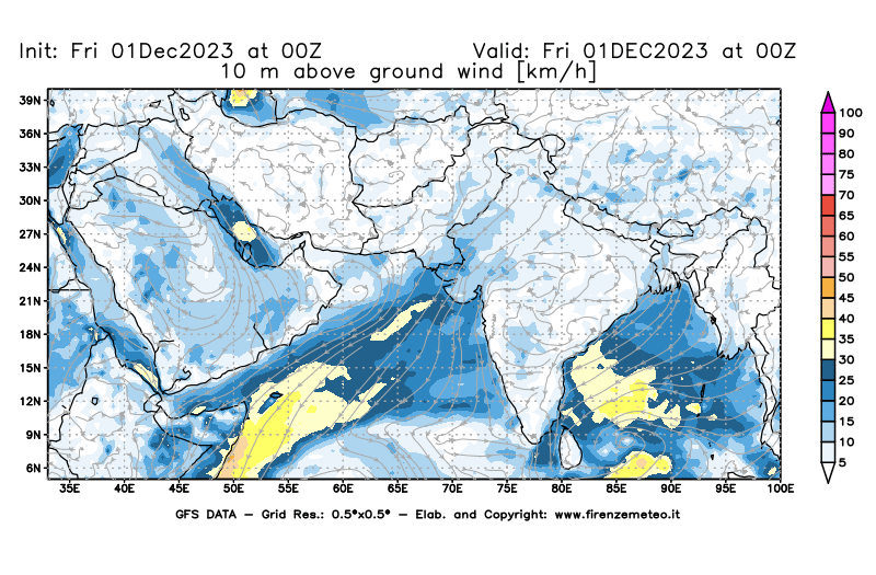 Mappa di analisi GFS - Velocità del vento a 10 metri dal suolo in Asia Sud-Occidentale
							del 1 dicembre 2023 z00