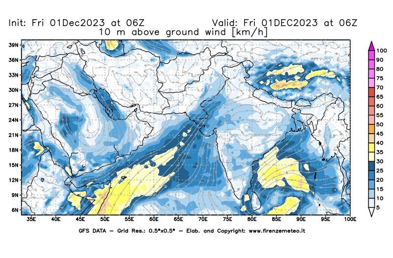 Mappa di analisi GFS - Velocità del vento a 10 metri dal suolo in Asia Sud-Occidentale
							del 1 dicembre 2023 z06
