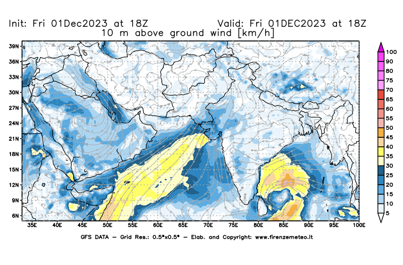 Mappa di analisi GFS - Velocità del vento a 10 metri dal suolo in Asia Sud-Occidentale
							del 1 dicembre 2023 z18