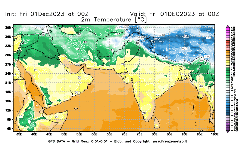 Mappa di analisi GFS - Temperatura a 2 metri dal suolo in Asia Sud-Occidentale
							del 1 dicembre 2023 z00